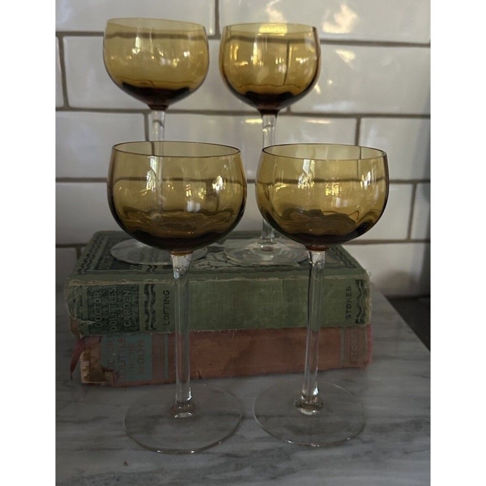 4 Antique Handblown Amber Crystal Clear Long Stem Wine Champagne Glasses Goblets